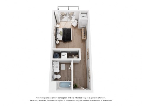 Floor plan for 1 bed, 1 bath, 413 sqft